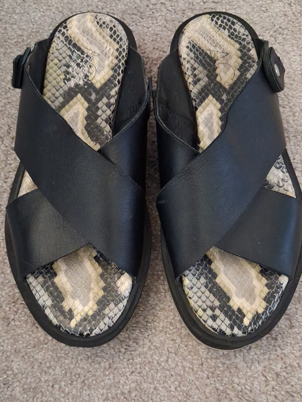 AGL Black Crisscross Sandals Snake-Print Footbed. (Reduced Pricing) No Straps 7